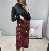 Falda de punto a cuadros con doble botonadura vintage